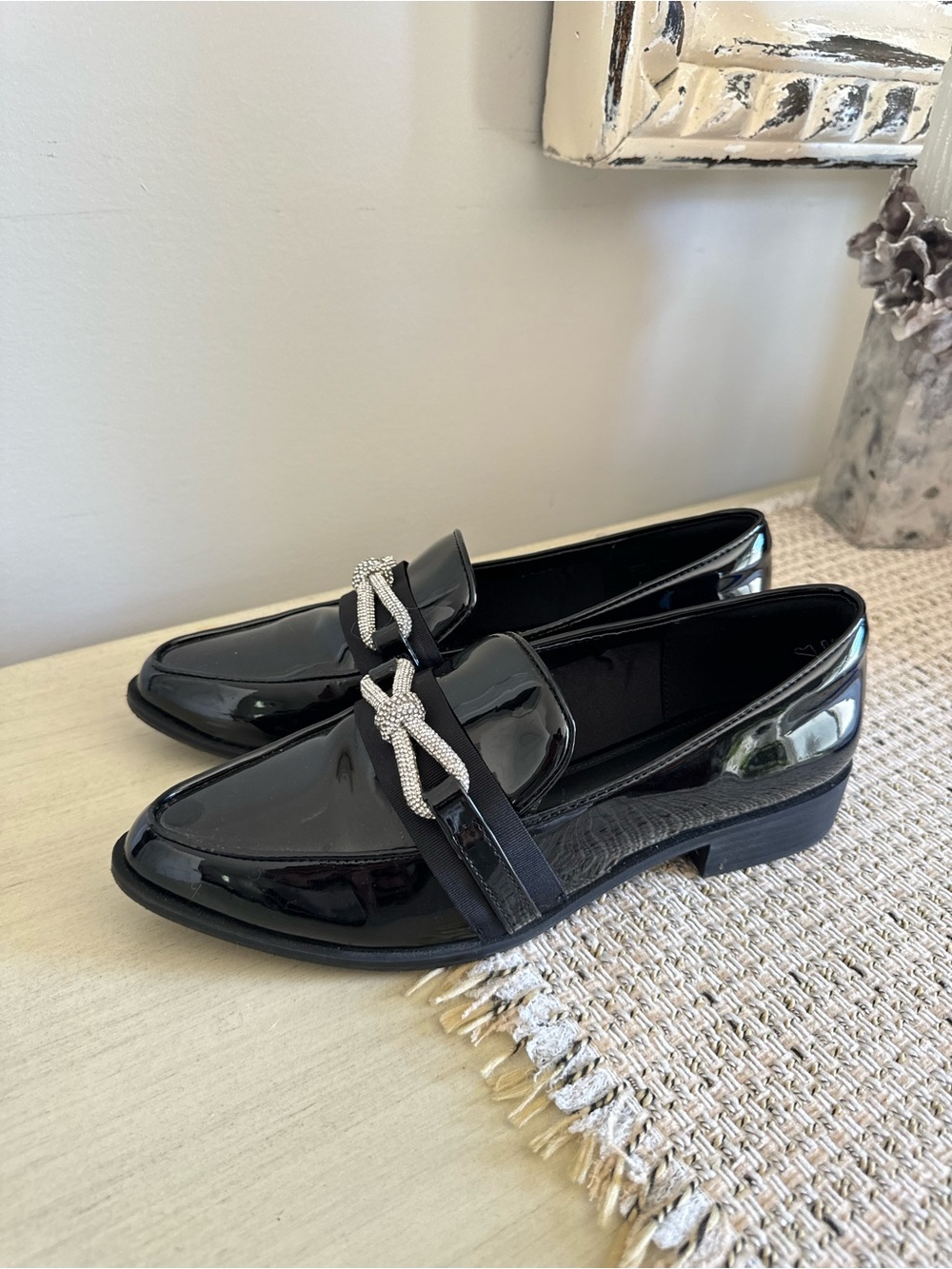 Aldo Black Patent Loafers with Silver Knot Accent